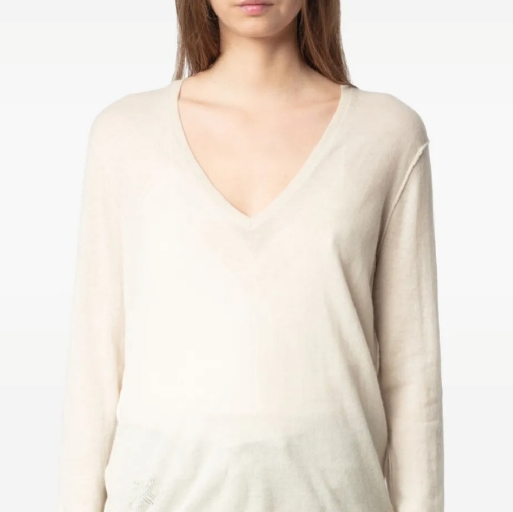 ZADIG & VOLTAIRE Ecru Cotton Blend Deep V Sweater S - Diamante Eagle On…
